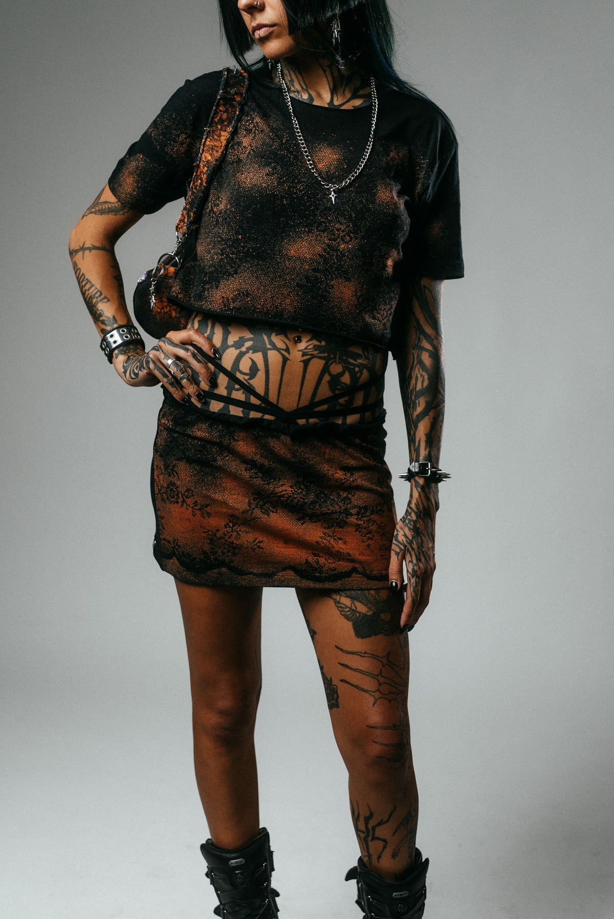 Bleached Lace Print Crop Top & Mini Skirt Set