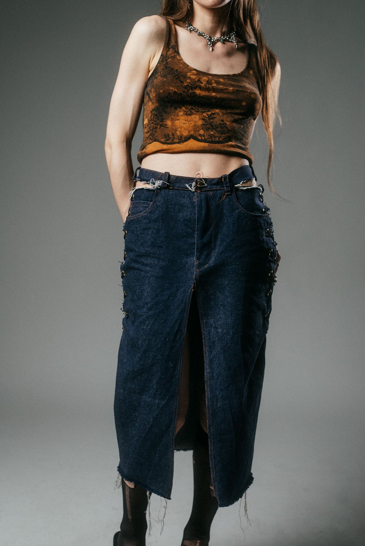 Deconstructed Laced Corset Denim Skirt