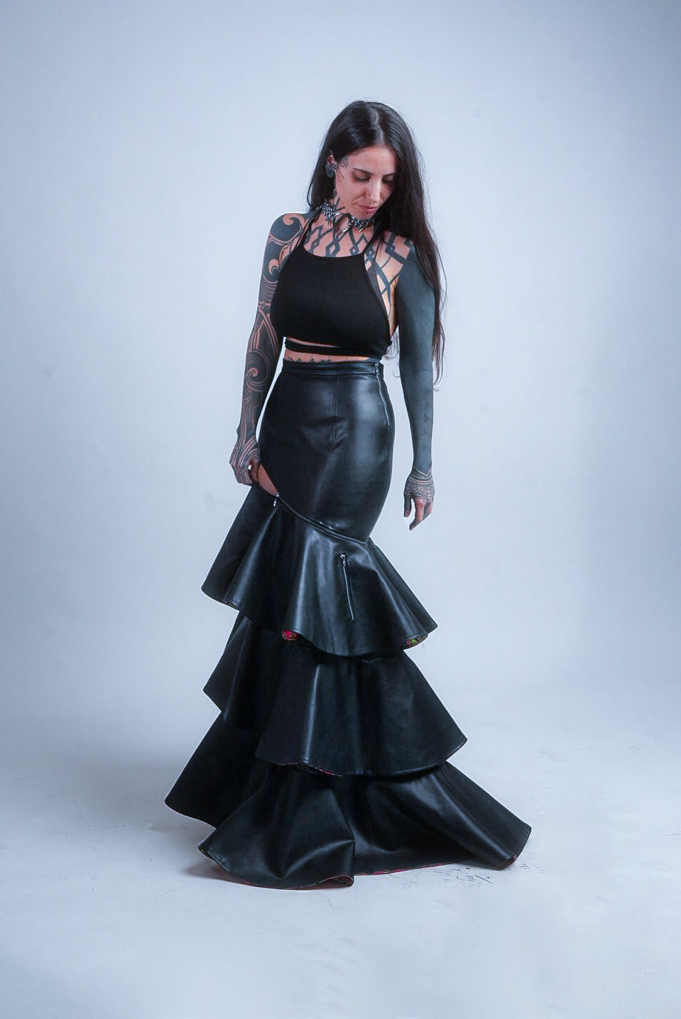 Vegan leather maxi  black skirt with ruffles