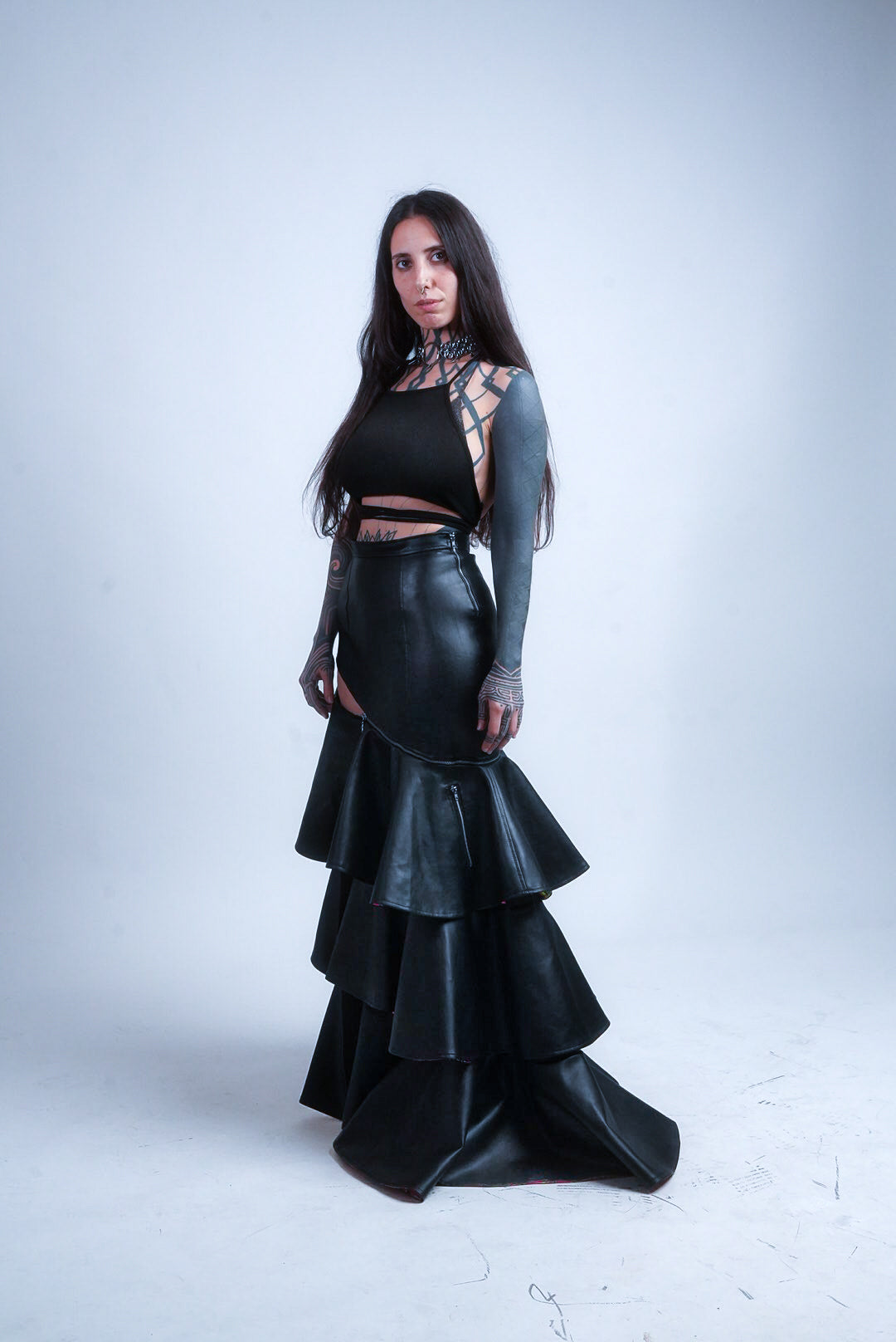 Vegan leather maxi  black skirt with ruffles