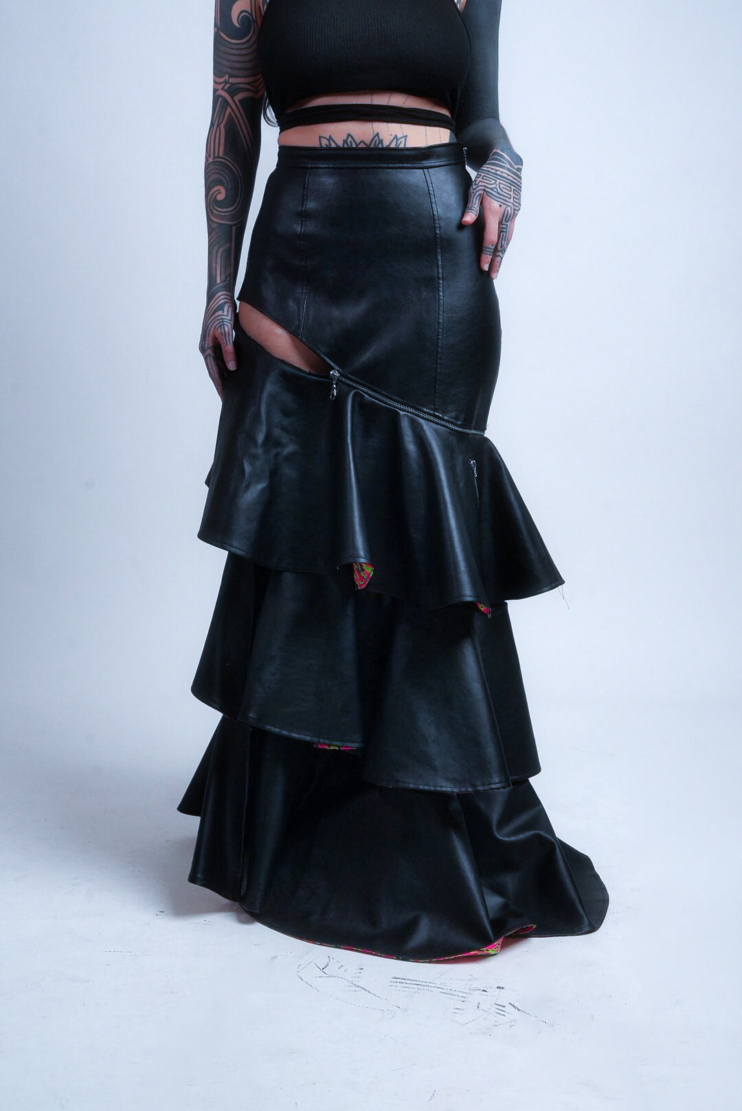Vegan leather maxi  black skirt with ruffles