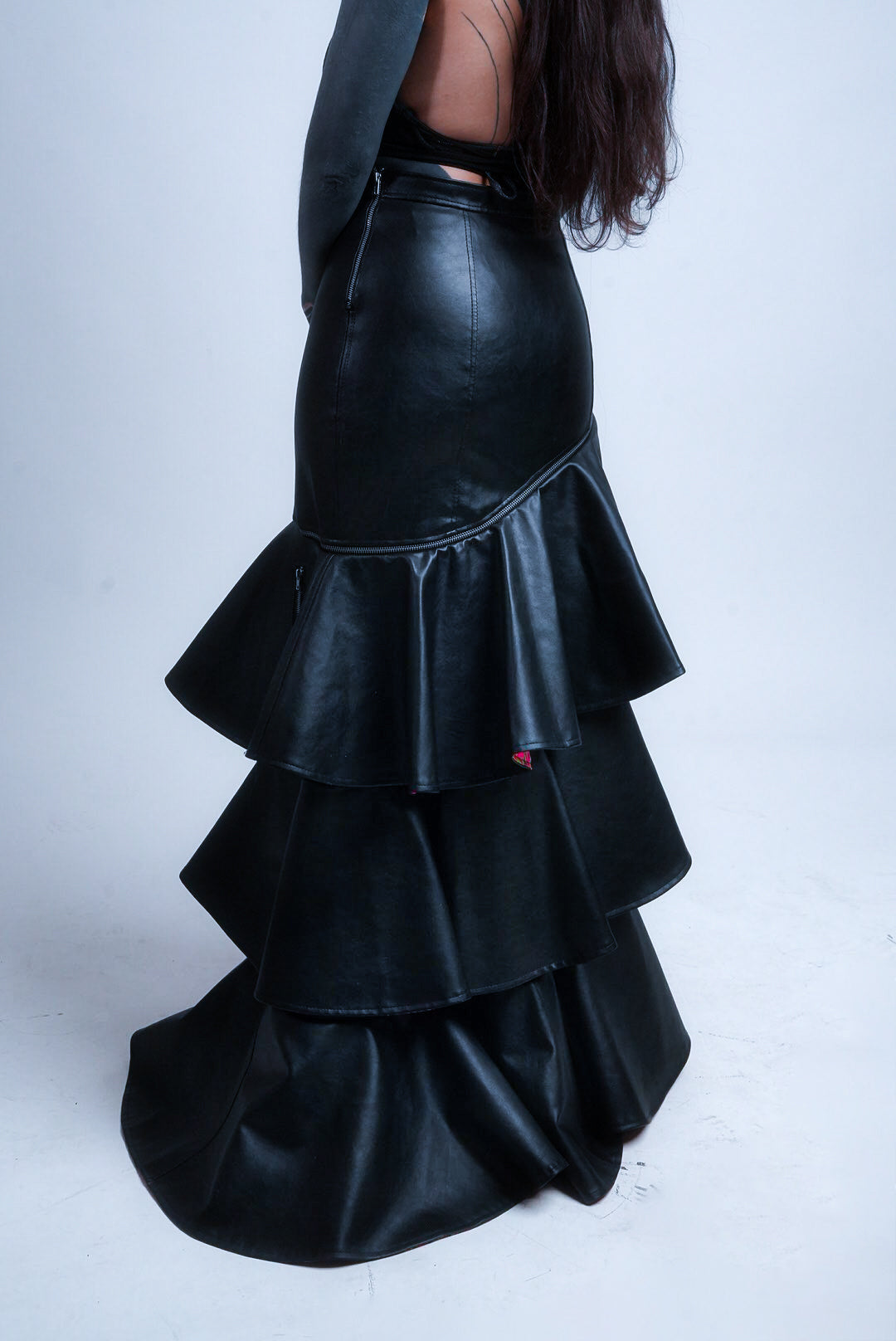 Vegan leather maxi  black skirt with ruffles