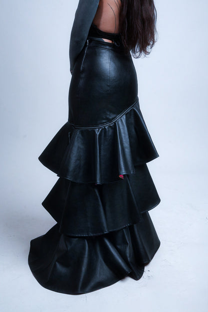 Vegan leather maxi  black skirt with ruffles