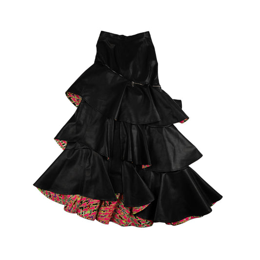 Vegan leather maxi  black skirt with ruffles